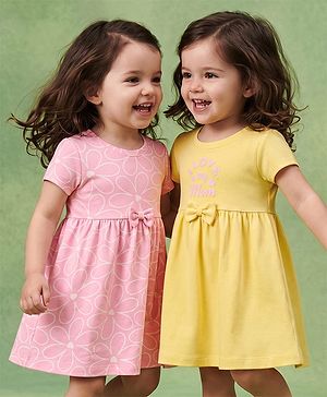 Babyhug Single Jersey Knit Half Sleeves Hearts & Text Printed Frocks With Bow Applique Pack Of 2 - Pink & Yellow