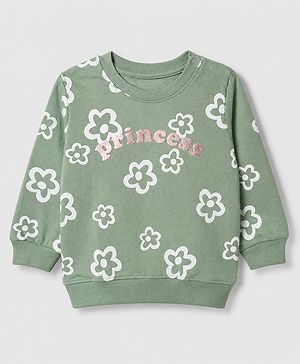 Babyhug 100% Cotton Terry Knit Sweatshirt with Full Sleeves and Princess Glitter & Floral Print in Sea Green