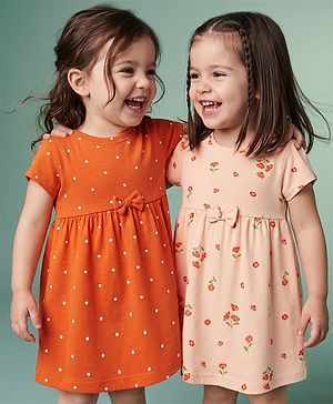 Babyhug Single Jersey Knit Half Sleeves Polka Dots & Floral Printed Frocks With Bow Applique Pack Of 2 - Orange & Peach