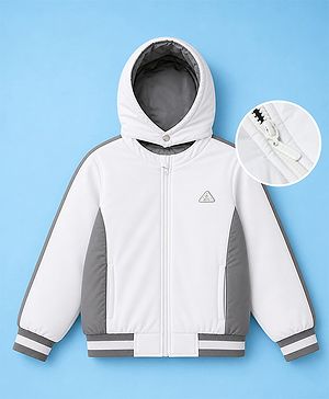 Pine Kids Woven Hoodie Jacket with Full Sleeves, Detachable Hood and Triangle Embroidery in White