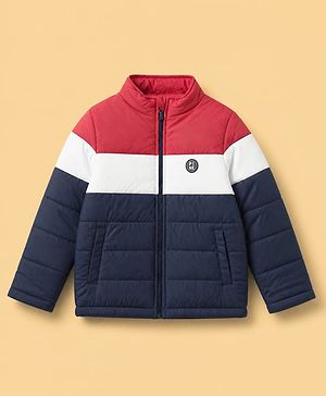 Pine Kids Woven Full Sleeves Cut & Sew Hooded Padded Quilted Winter Jacket with Color Block And Logo Patch - Navy Blue
