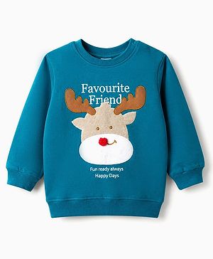 Babyhug 100% Cotton Terry Knit Sweatshirt with Full Sleeves and Reindeer Applique - Blue