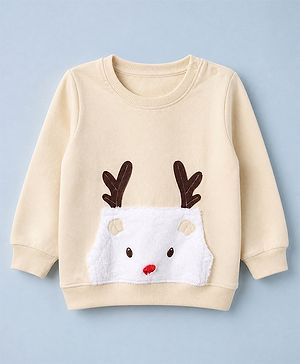 Babyhug 100% Cotton Terry Knit Heavy Gauge Sweatshirt with Full Sleeves and Reindeer Applique in Offwhite