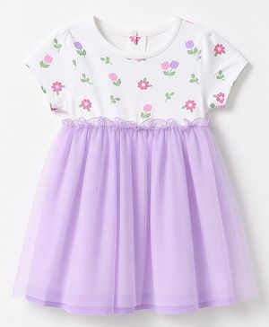 Babyhug Mesh Knit One Piece Dress with Short Sleeves and Floral Print - Lavender
