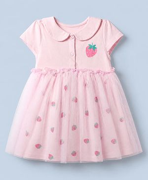 Babyhug Single Jersey Knit Frock with Half Sleeves and Strawberry Print in Pink