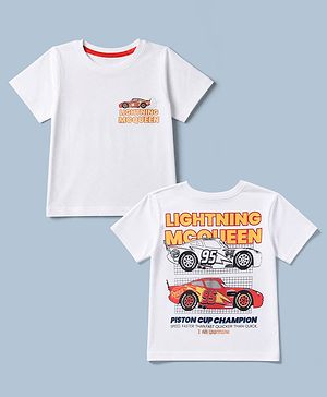 Pine Kids Disney 100% Cotton Single Jersey Knit T-Shirt with Half Sleeves and Car Print - White