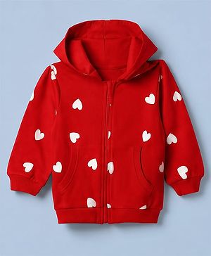 Babyhug 100% Cotton Terry Knit Sweatjackets With Full Sleeves and Hearts Print - Red