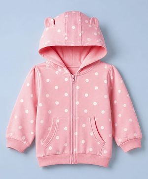 Babyhug Heavy Gauge 100% Cotton Terry Knit Hoodie with Full Sleeves and Polka Dots Print - Pink