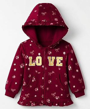 Babyhug Cotton Heavy Gauge Terry Terry Knit Sweatshirt With Full Sleeves and Love Foil Print in Maroon