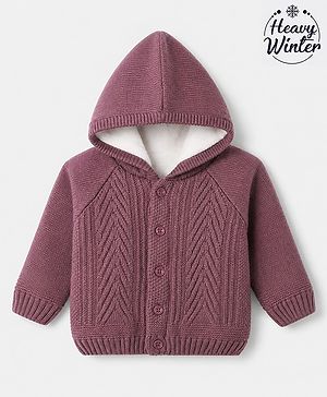 Babyhug Cable Knit Full Sleeves Solid Front Open Sweater With Hoodie In Dark Pink