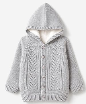 Babyhug Knit Full Sleeves Front Open Hooded Sweater - Grey
