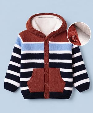 Babyhug Knit Full Sleeves Hooded Striped Sweaters - Rust Orange