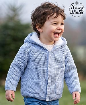 Babyhug Knit Front Open Full Raglan Sleeves Hooded Sweater - Blue