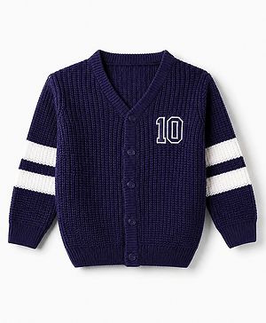 Babyhug Knit Full Sleeves Cardigan with 10 Applique - Navy Blue
