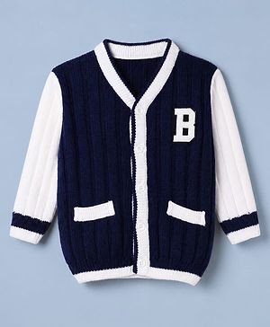 Babyhug Knit Front Open Sweaters with Full Sleeves and B Patch in Navy Blue