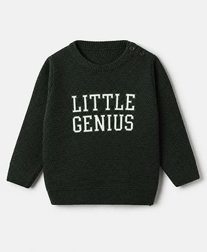 Babyhug Knit Pullover with Full Sleeves and Little Genius Text in Dark Green
