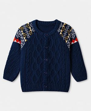 Babyhug Cable Knit Cardigan with Full Sleeves and Geometric Pattern Design in Navy Blue