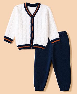 Babyhug Cable Knit Full Sleeves Sweater Set - White & Navy Blue