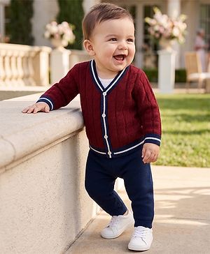 Babyhug Knit Full Sleeves Sweater Set with Cable Knit Design - Maroon