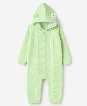 Babyhug Fur Woven Full Sleeves Hooded Winter Wear Romper With Applique - Neon Green