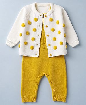 Babyhug Knit Full Sleeves Jacket & Winter Wear Romper With Applique - Yellow