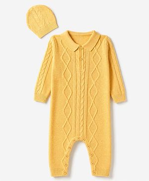 Babyhug Knit Full Sleeves Winter Wear Romper With Cap - Yellow