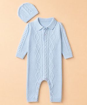 Babyhug Knit Full Sleeves Winter Wear Romper With Cap - Light Blue
