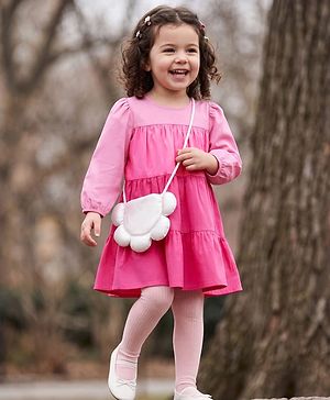 Babyhug 100% Cotton Woven Full Sleeves Frock With Leggings and Purse -Pink