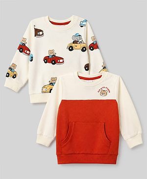 Babyhug 100% Cotton Terry Knit Full Sleeves Sweatshirts with Vehicle and Animal Print Pack of 2 - Beige & Red