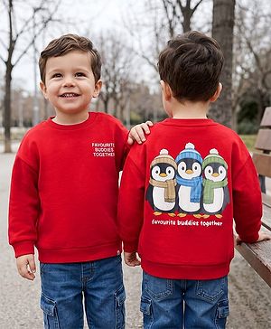 Babyhug 100% Cotton Terry Knit Heavy Gauge Sweatshirt With Full Sleeves and Penguin Print - Red