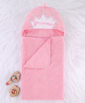 Babyhug Microfiber Cotton Knit Towel With Hood & Embroidery L 74 x B 73 cm - Pink