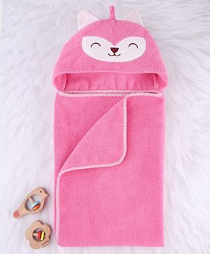 Babyhug Microfiber Cotton Knit Towel With Hood & Embroidery L 74 x B 73 cm - Pink