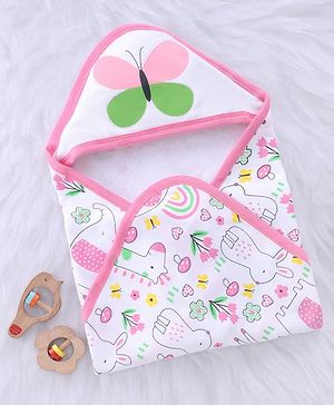 Babyhug 100% Cotton Microfiber Knit Hooded Towel With Butterfly Embroidery L 78 x B 76 cm - Pink