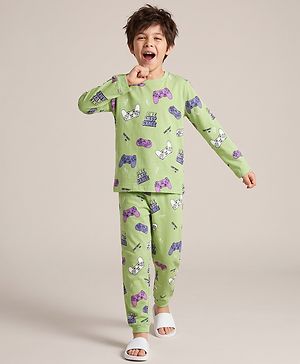 Pine Kids Cotton Knit Full Sleeves Co-Ords T-Shirt & Pyjama Night Suit with Gaming Print - Light Green