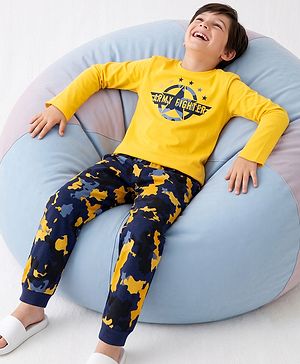 Pine Kids Cotton Knit Full Sleeves T-Shirt & Pyjama Night Suit with Army Fighter Print - Yellow