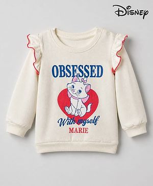 Babyhug Disney 100% Cotton Terry Knit Sweatshirt with Full Sleeves and Frill Detailing with Marie Print - Off White