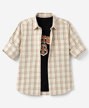 Pine Kids Cotton Woven Checks Shirt and T-Shirt with Full Sleeves and Boston Print - Cream