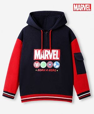 Pine Kids Marvel 100% Cotton Knit Hooded Sweatshirt with Full Sleeves and Marvel Print in Navy Blue