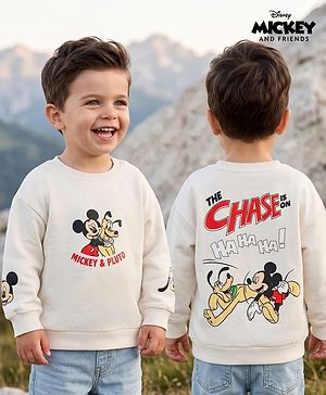 Babyhug Disney Terry Knit Drop Shoulder Sweatshirt with Full Sleeves and Mickey and Pluto Graphic in Front & Back -White