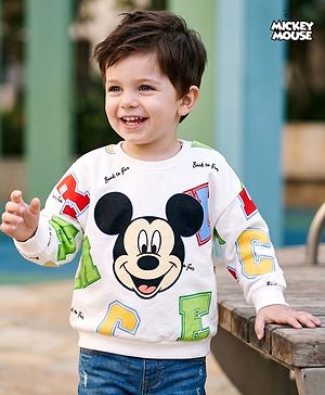 Babyhug Disney Terry Knit Drop Shoulder Sweatshirt with Full Sleeves and Mickey Mouse Graphic - White