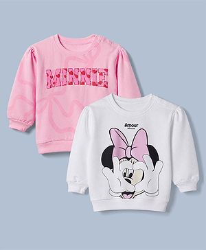 Babyhug Disney 100% Cotton Terry Drop Shoulder Full Sleeves Sweatshirts With Minnie Mouse Print Pack Of 2 - Pink & White
