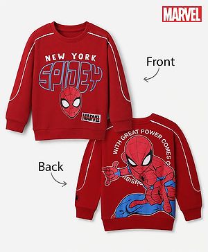 Pine Kids Marvel 100% Cotton Terry Knit Sweatshirt with Full Sleeves and Spiderman Front & Back Graphic Print - Red