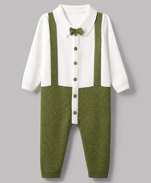 Babyhug Knit Full Sleeves Winter Wear Romper With Bow Applique - Olive Green