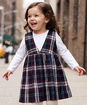 Babyhug Twill Woven Fit & Flare Full Sleeves Frock and Tee with Checks - Brown