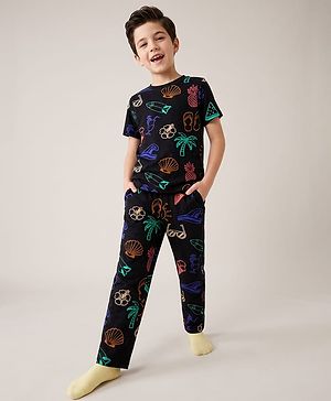Pine Kids Cotton Knit Half Sleeves Co-Ords T-Shirt & Pyjama Night Suit with Floral Tropical & Beach Theme Print - Black