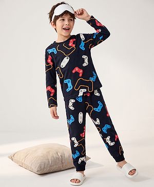 Pine Kids 100% Cotton Single Jersey Knit Full Sleeves Co-Ords T-Shirt & Pyjama Night Suit with Bio Wash & Gaming Print - Black