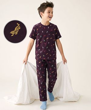 Pine Kids Cotton Knit Half Sleeves Printed Co-Ords T-Shirt & Pyjama Night Suit - Dark Red