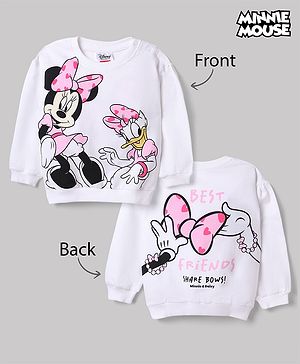 Babyhug Disney 100% Cotton Terry Full Drop Shoulder Sleeves Sweatshirt with Front & Back Minnie Mouse and Daisy Duck Graphic Print - White