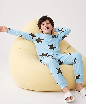 Pine Kids Cotton Knit Full Sleeves Co-Ords T-Shirt & Pyjama Night Suit with Star Print - Sky Blue