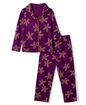 Pine Kids 100% Cotton Knit Full Sleeves Shirt & Pyjama Co-Ords Set With Floral Print - Purple